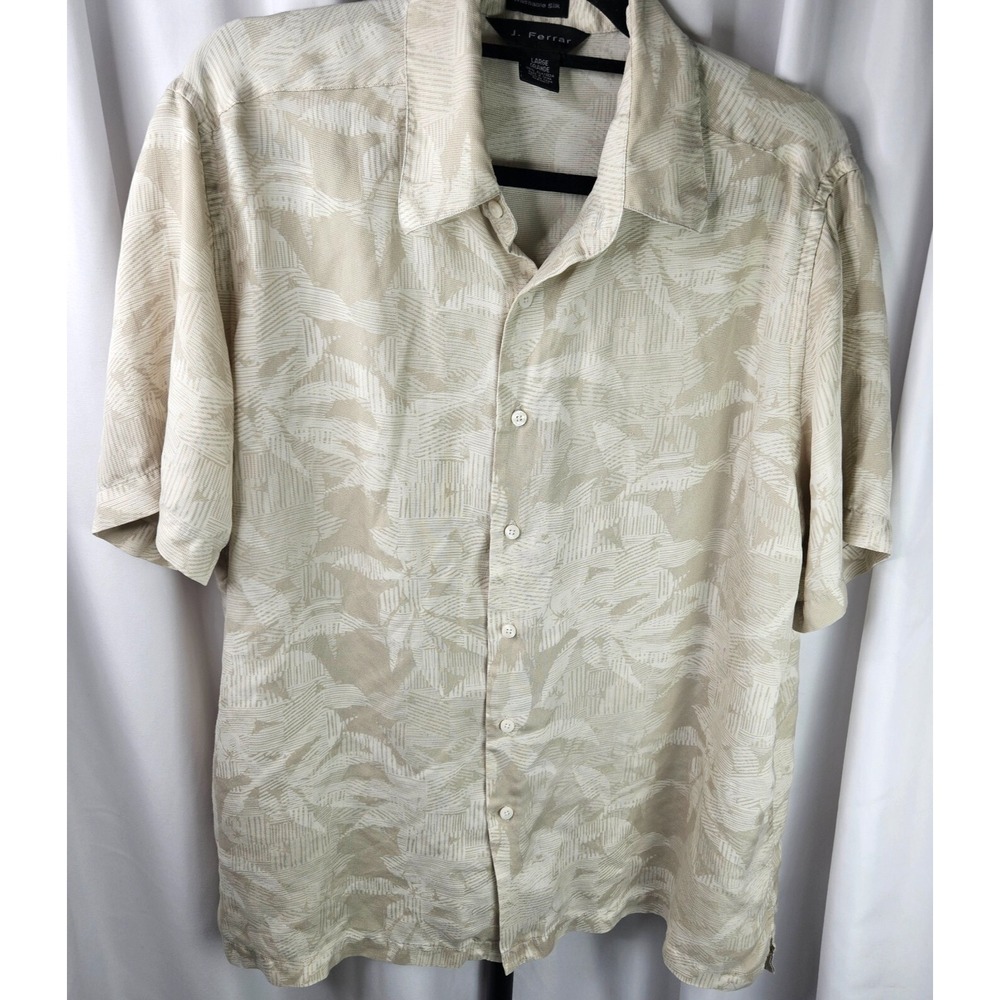 J. Ferrar Mens Large 100% Washable Silk Shirt Short Sleeve ButtonUp Biege Floral